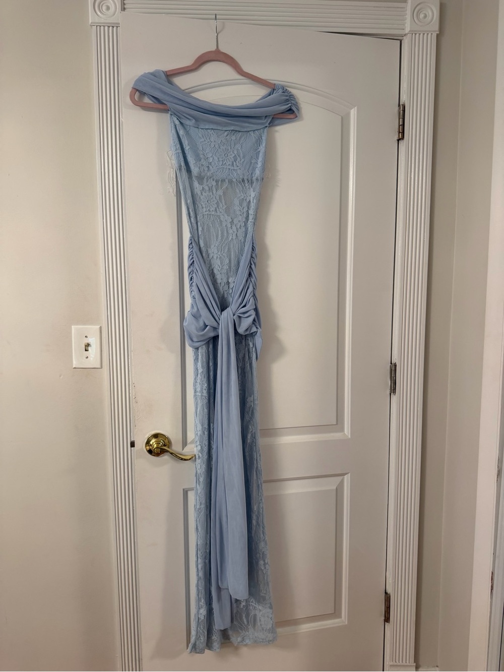 Oh Polly Light Blue Lace Off-Shoulder Maxi Dress